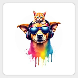 Cool dog with headphones and a cute cat on his head for both cat and dog lovers Magnet